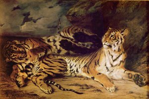 Ung tiger leger med sin mor, 1830